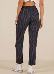 Side Red Striped Trim Black Striped Pants With Pockets