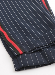 Side Red Striped Trim Black Striped Pants With Pockets