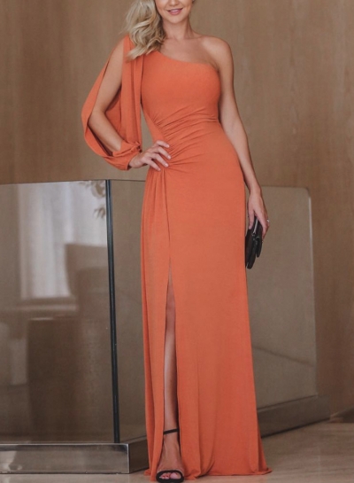 Orange One Shoulder Slit  Asymmetric Maxi Dress modvogues.com