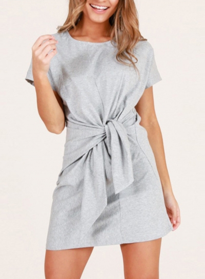 Grey Loose Round Neck Short Sleeve Front Tie A-line Dress zecalaba.com