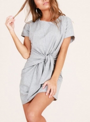 Grey Loose Round Neck Short Sleeve Front Tie A-line Dress