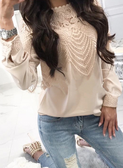 Casual Lace Hollow Out Round Neck Long Sleeve Loose Pullover Blouse zecalaba.com