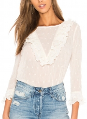 Slim Round Neck Flounce Sleeve Ruffle Blouse With Dot