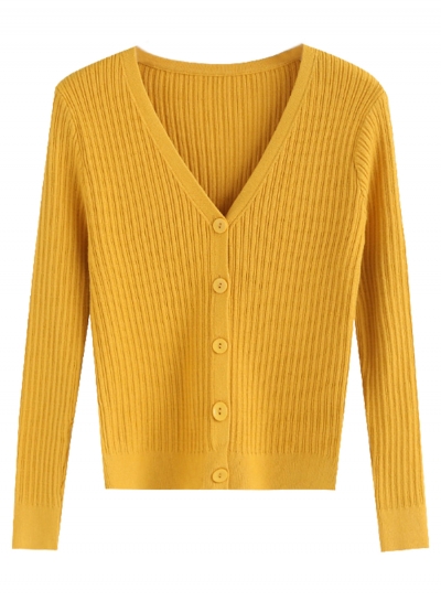 Yellow V Neck Long Sleeve Button Down Cardigan zecalaba.com