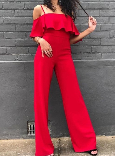 Red Spaghetti Strap High Waist Wide Leg Jumpsuit
