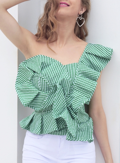 Green Striped One Shoulder Sleeveless Backless Slim Ruffle Blouse With Zip zecalaba.com