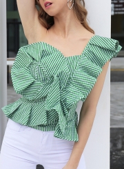 Green Striped One Shoulder Sleeveless Backless Slim Ruffle Blouse With Zip