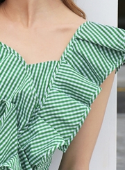 Green Striped One Shoulder Sleeveless Backless Slim Ruffle Blouse With Zip