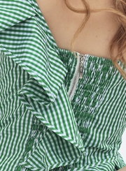 Green Striped One Shoulder Sleeveless Backless Slim Ruffle Blouse With Zip