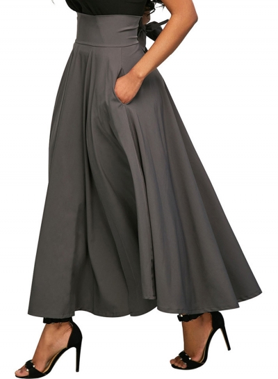 Grey Solid High Waist Pockets Bow Tie Pleated Swing Long Skirts