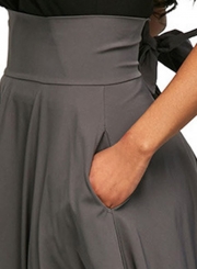 Grey Solid High Waist Pockets Bow Tie Pleated Swing Long Skirts