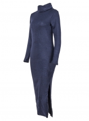 Navy High Neck Long Sleeve Slit Bodycon Dress