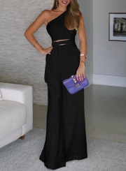 Black One Shoulder Sleeveless Cropped Bow Tie Wide Leg Jumpsuit