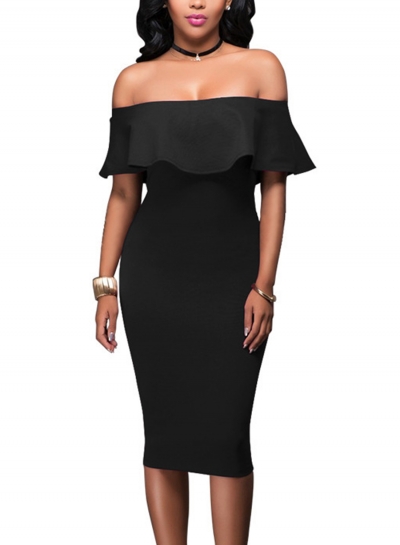 Black Off Shoulder Short Sleeve Ruffle Bodycon Midi Dress