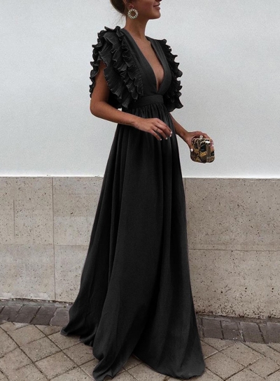 Black V Neck Flying Sleeve Elastic Waist Maxi party Dress zecalaba.com