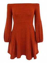 Orange Off Shoulder Long Sleeve Swing Dress