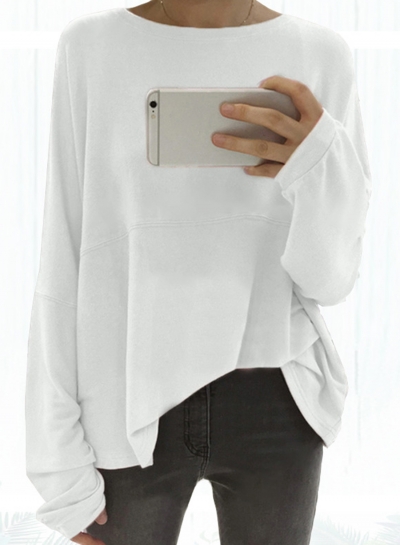 White Round Neck Dolman Sleeve Loose Tee zecalaba.com