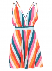 Multi Summer Striped Spaghetti Strap V Neck Backless Elastic Waist MIni Dress