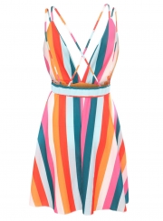 Multi Summer Striped Spaghetti Strap V Neck Backless Elastic Waist MIni Dress