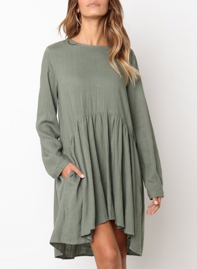 Army green Round Neck Long Sleeve High Low Loose Pleated Mini Dress With Pockets zecalaba.com