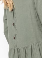 Army green Round Neck Long Sleeve High Low Loose Pleated Mini Dress With Pockets