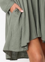 Army green Round Neck Long Sleeve High Low Loose Pleated Mini Dress With Pockets