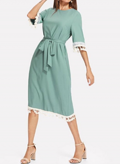 Casual Green Half Sleeve High Waist Belted Dress With Tassel zecalaba.com