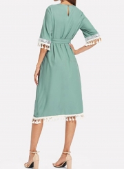 Casual Green Half Sleeve High Waist Belted Dress With Tassel