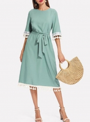 Casual Green Half Sleeve High Waist Belted Dress With Tassel