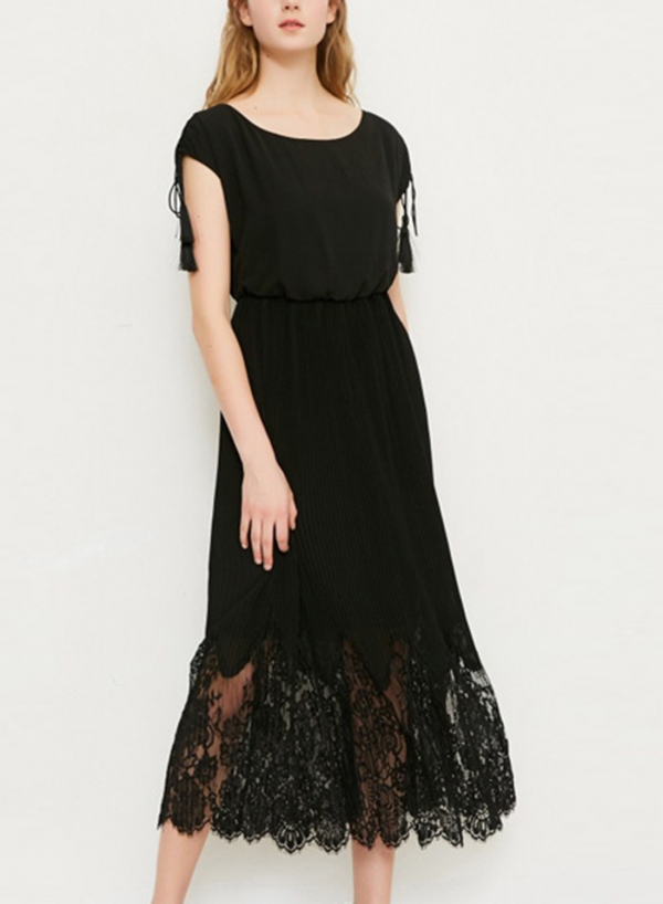 Black Sleeveless Elastic Waist Lace Dress With Tassel