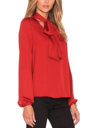 Red Casual V Neck Long Sleeve Bow Tie Pullover Blouse zecalaba.com