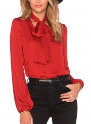 Red Casual V Neck Long Sleeve Bow Tie Pullover Blouse