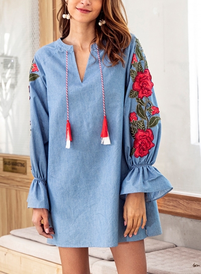 Blue Casual Embroidered V Neck Lantern Sleeve Drawstring Denim Mini Dress zecalaba.com