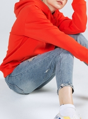 Red Casual Long Sleeve Loose Hoodie With Pockets