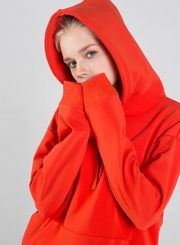 Red Casual Long Sleeve Loose Hoodie With Pockets