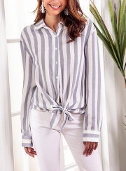 Blue Striped Turn-Down Collar Long Sleeve Bow Tie Loose Button Down Shirt