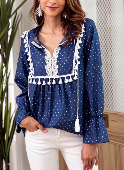 Blue Turn-Down Collar Long Sleeve Loose Lace Polka Dot Blouse