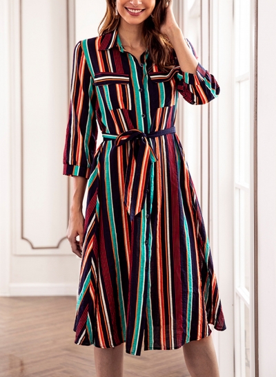 Navy Striped Turn-Down Collar Waist Tie Button Down Maxi Dress With Pockets zecalaba.com