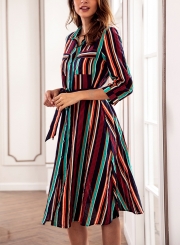 Navy Striped Turn-Down Collar Waist Tie Button Down Maxi Dress With Pockets