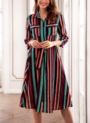 Navy Striped Turn-Down Collar Waist Tie Button Down Maxi Dress With Pockets