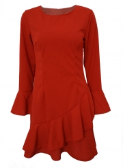 Orange Round Neck Flare Sleeve Ruffle Irregular Solid Color Mini Dress