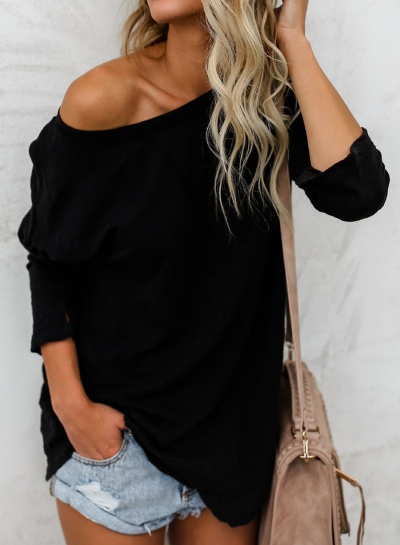 Black Casual Round Neck Long Sleeve Loose Solid Color Tee zecalaba.com