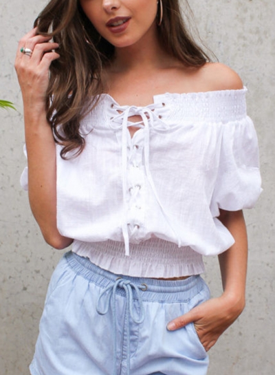 White Off Shoulder Lantern Half Sleeve Lace-Up Loose Solid Color Tee