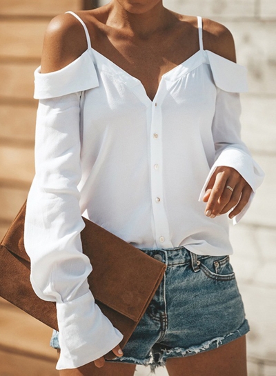 White Sexy Spaghetti Strap Cold Shoulder Long Sleeve Button Down Shirt zecalaba.com