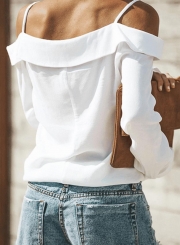 White Sexy Spaghetti Strap Cold Shoulder Long Sleeve Button Down Shirt