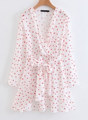 Sweet Heart Print V Neck Long Sleeve Waist Tie Ruffle Dress