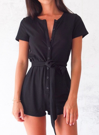 Black Casual Round Neck Slim Button Down Wide Leg Romper