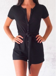 Black Casual Round Neck Slim Button Down Wide Leg Romper