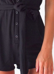 Black Casual Round Neck Slim Button Down Wide Leg Romper