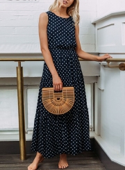 Navy Sleeveless Round Neck Elastic Waist Polka Dot Maxi Dress